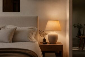 Lámpara de mesita encendida en dormitorio minimalista cálido