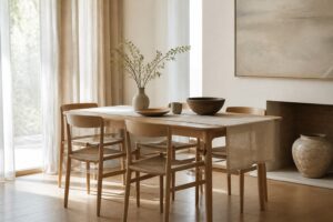 Comedor minimalista con sillas de madera y luz natural