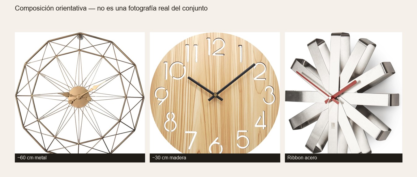 Composición orientativa: tres relojes de pared de distinto tamaño